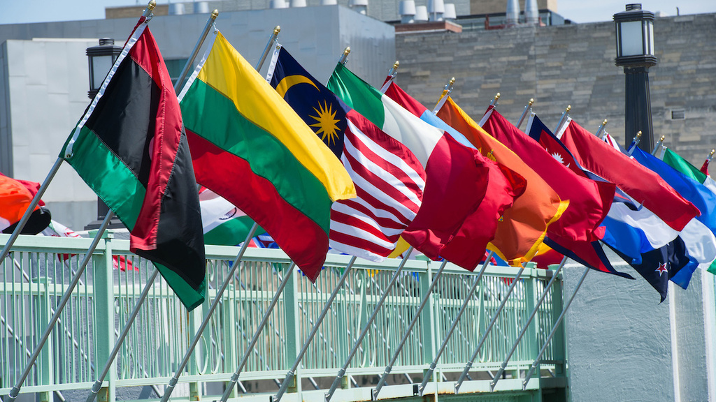 image of flags on the imu footbridge